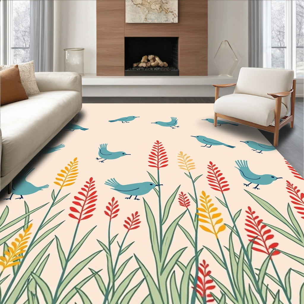 Whimsical Blue Birds Floral Pattern Rug