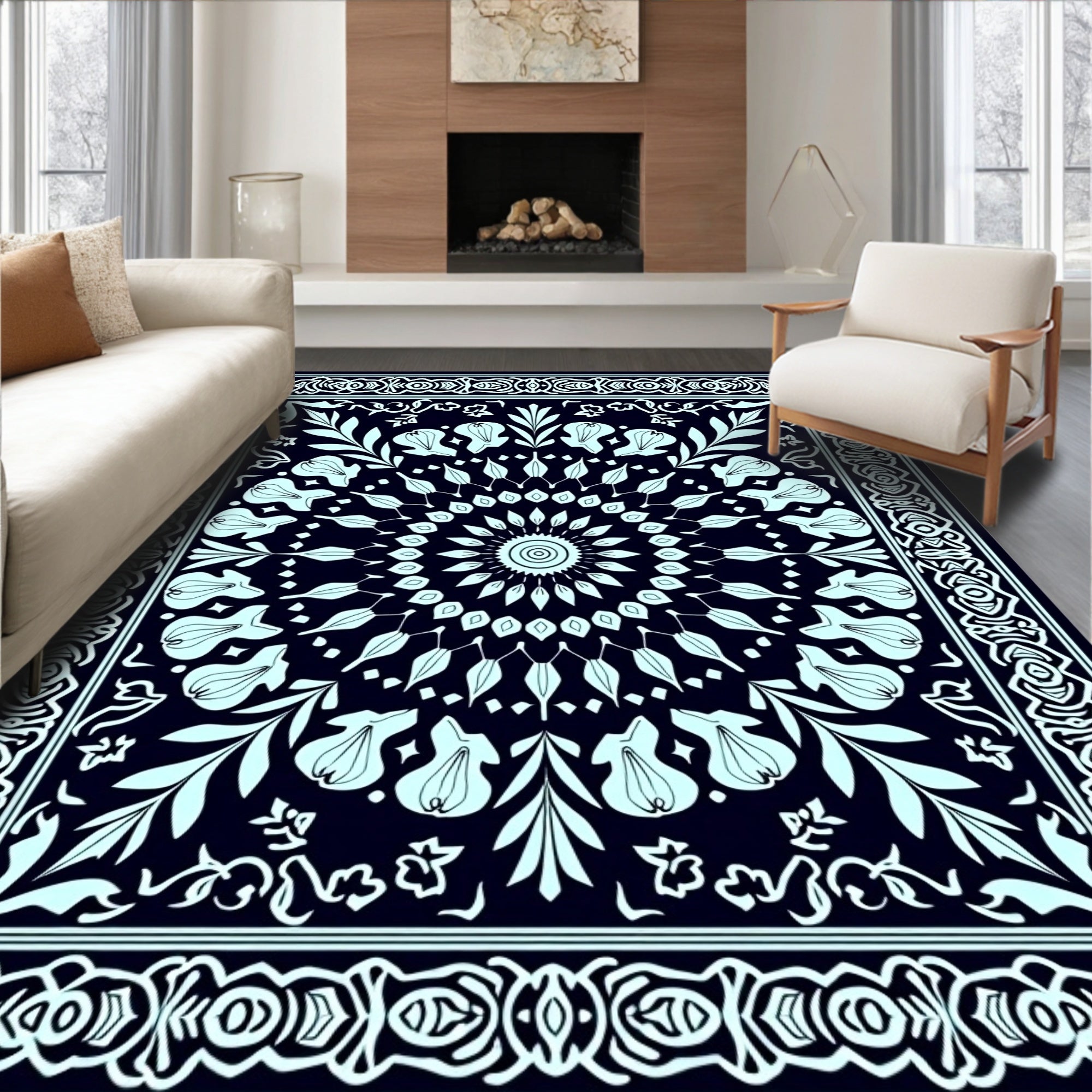 Light Blue Floral Mandala Patterned Rug
