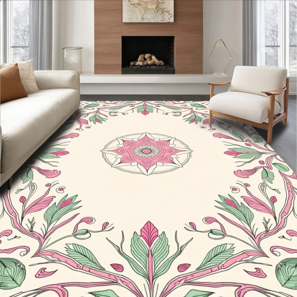 Pink Green Floral Mandala Pattern Rug