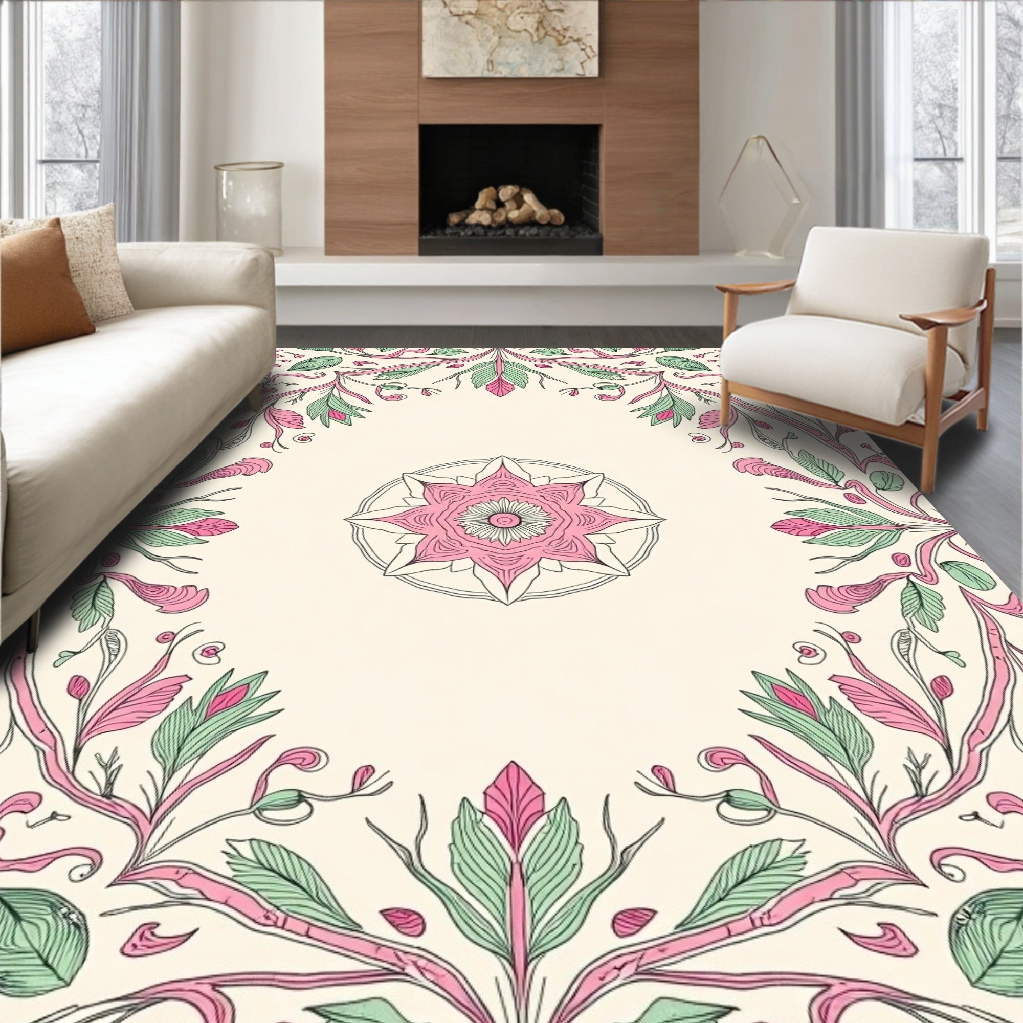Pink Green Floral Mandala Pattern Rug