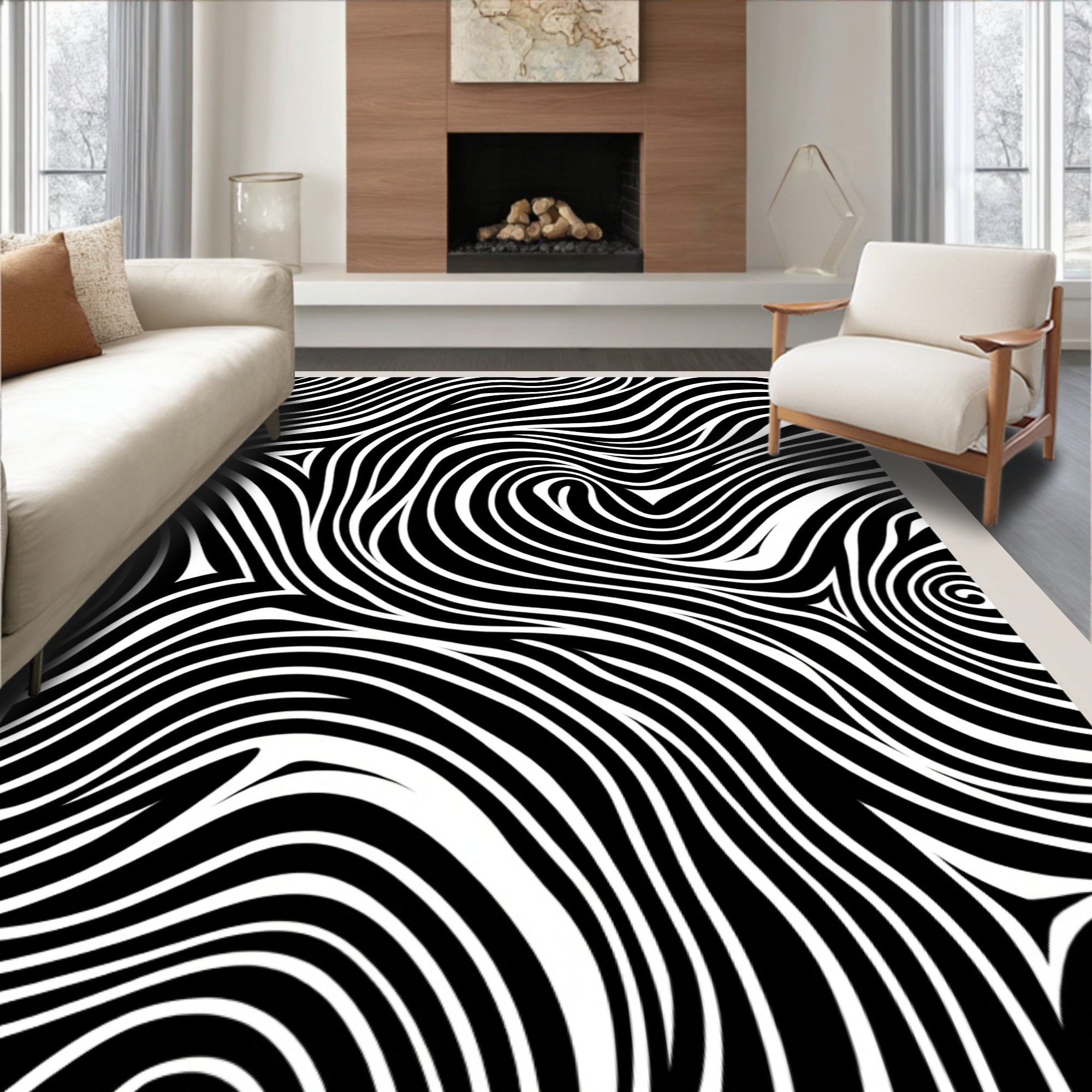 Organic Black And White Swirl Pattern Rug
