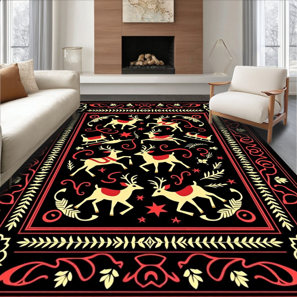 Crimson Deer Sleigh Folk Art Rug