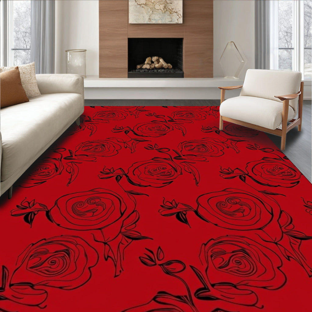 Black Outline Rose Floral Pattern Rug