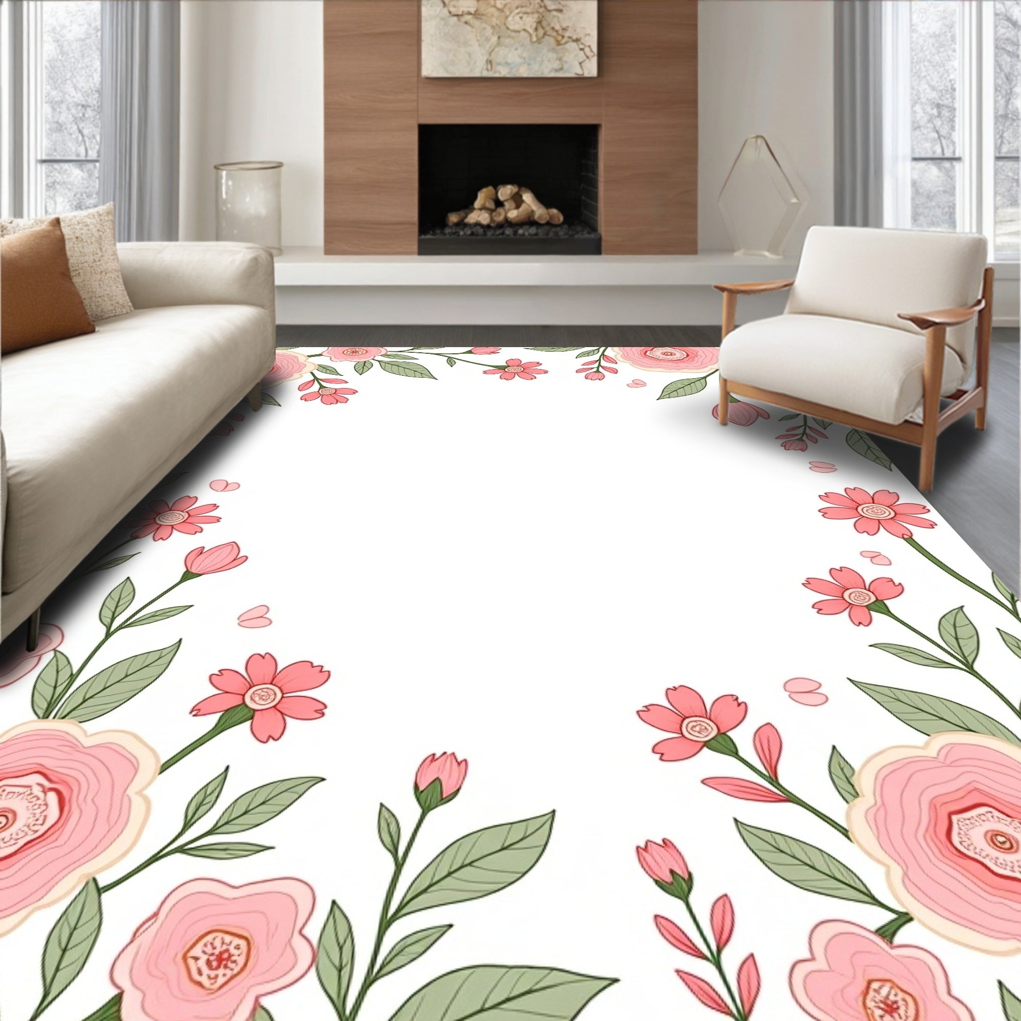 Whimsical Pink Floral Vine Garden Rug