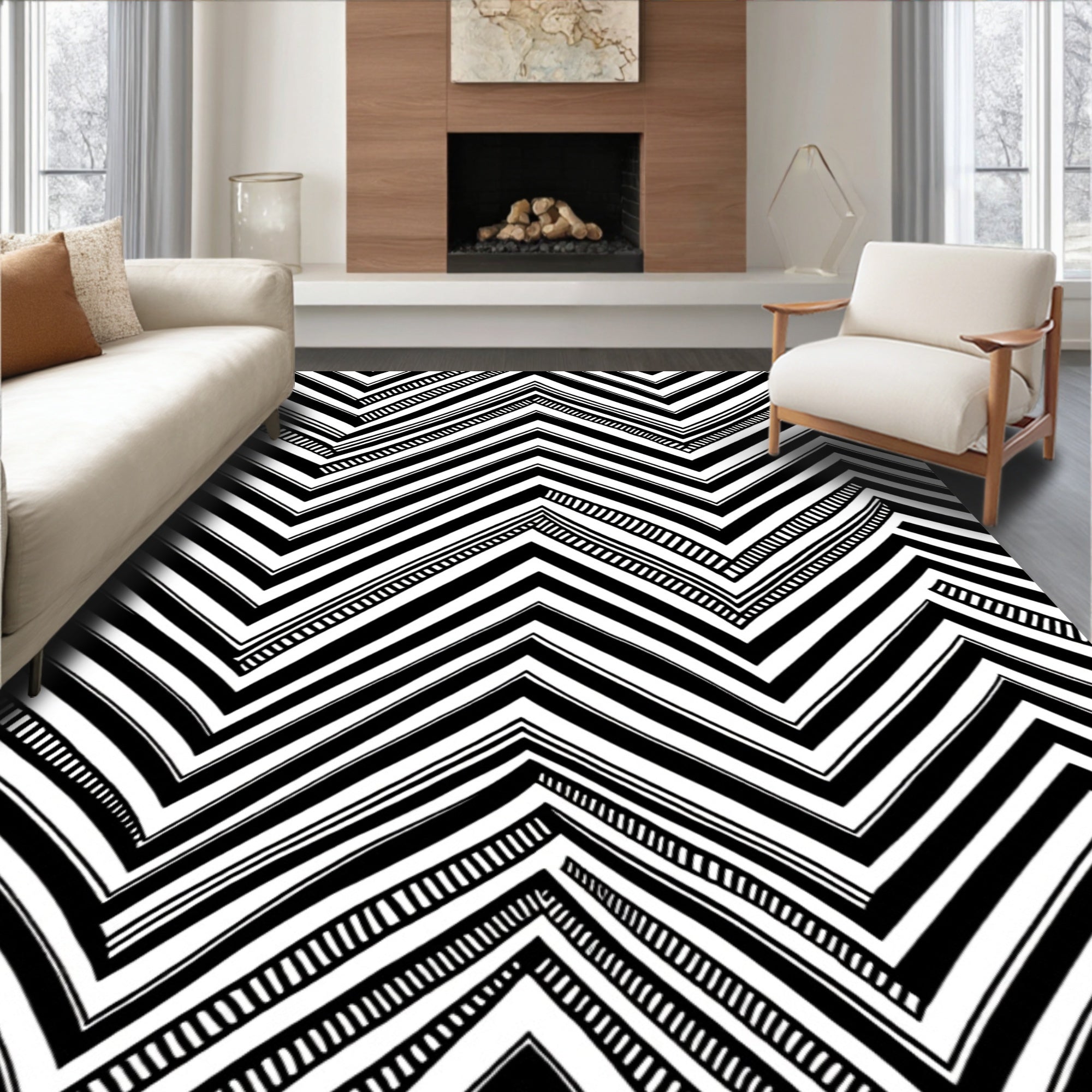 Graphic Black White Zigzag Pattern Rug