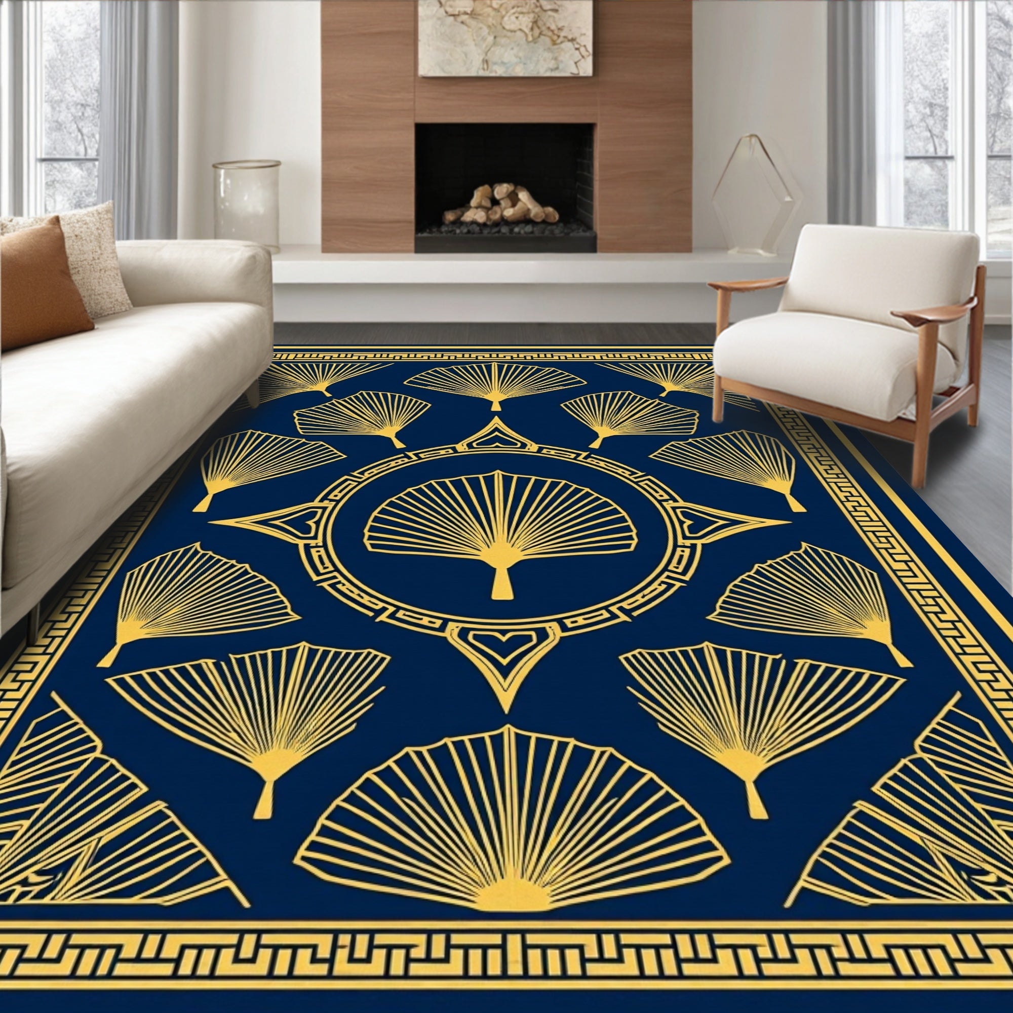 Navy Gold Fan Pattern Decor Rug