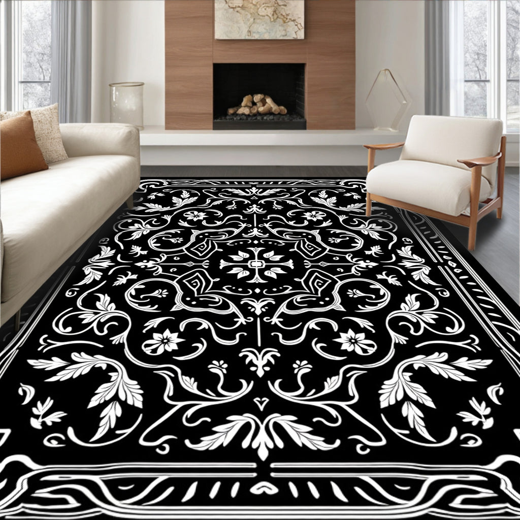 Elegant White Floral Motif Black Rug