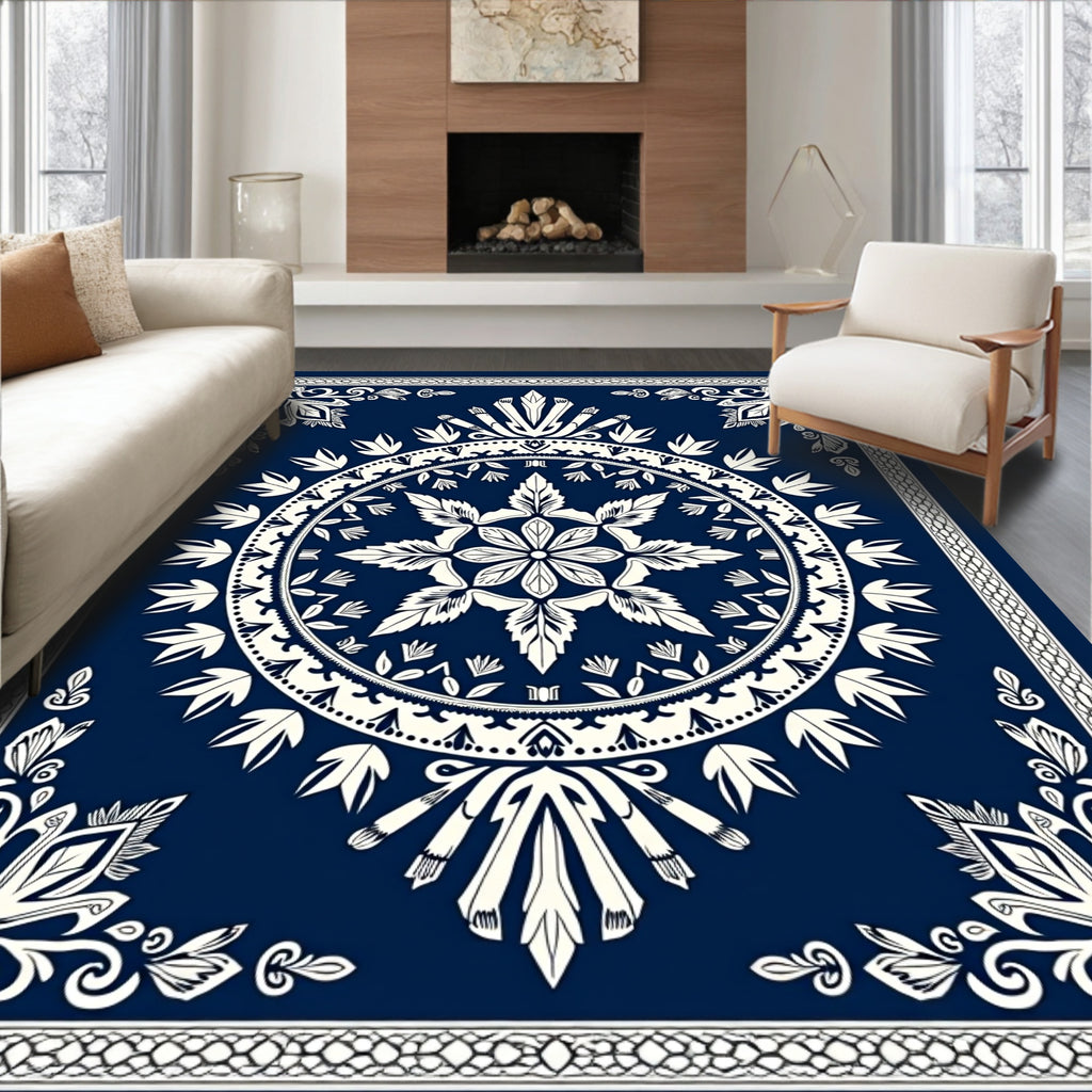 Dark Blue Floral Medallion Mandala Rug