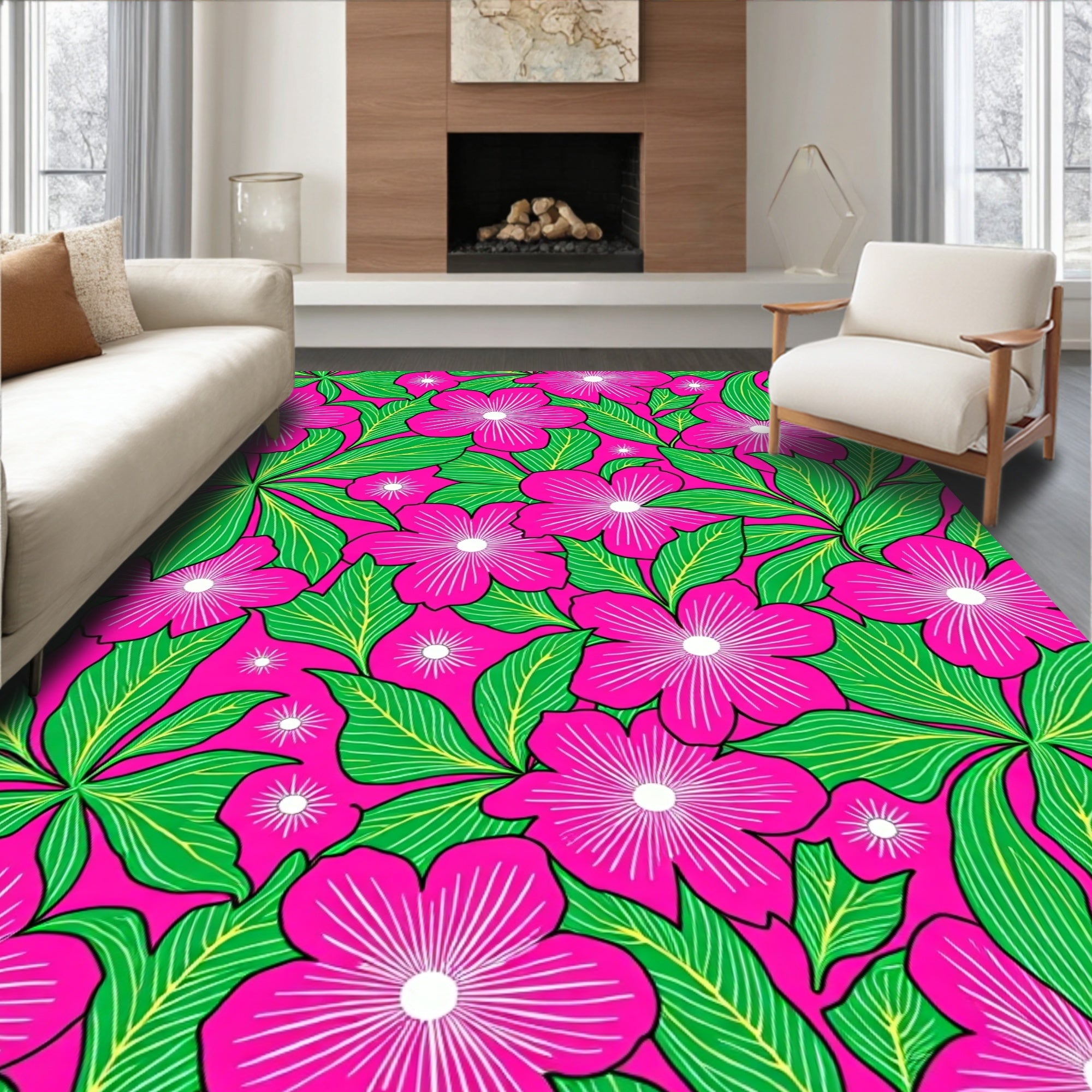 Vibrant Pink Floral Leaf Pattern Rug