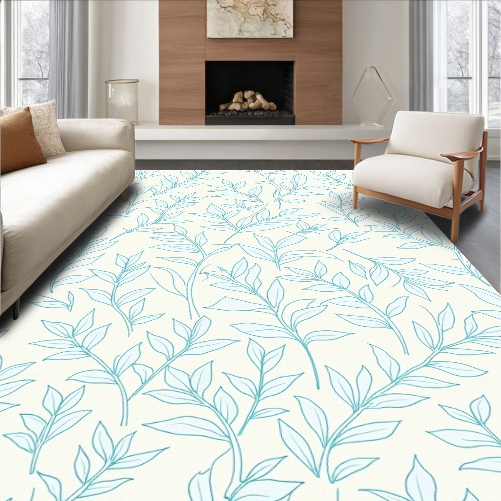 Delicate Teal Leaf And Vine Design Rug