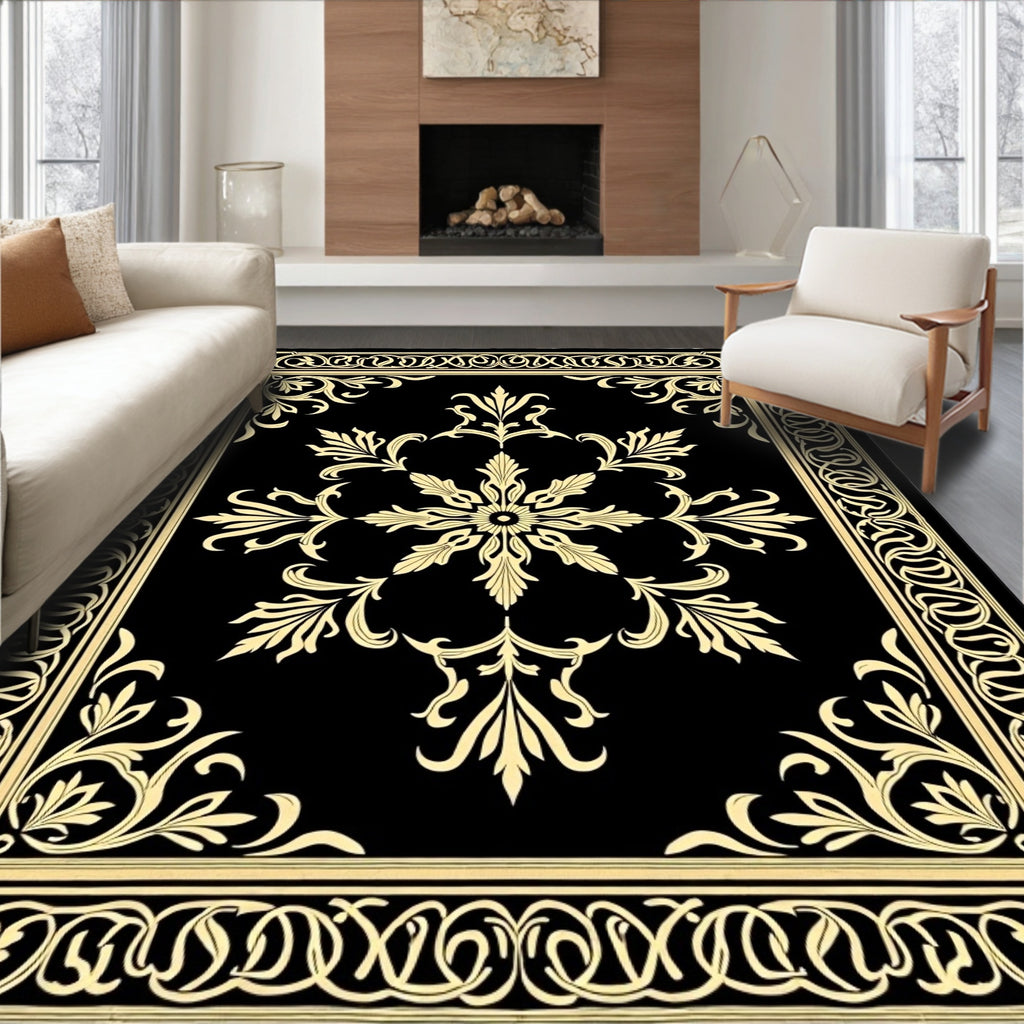 Classic Black Golden Floral Border Rug