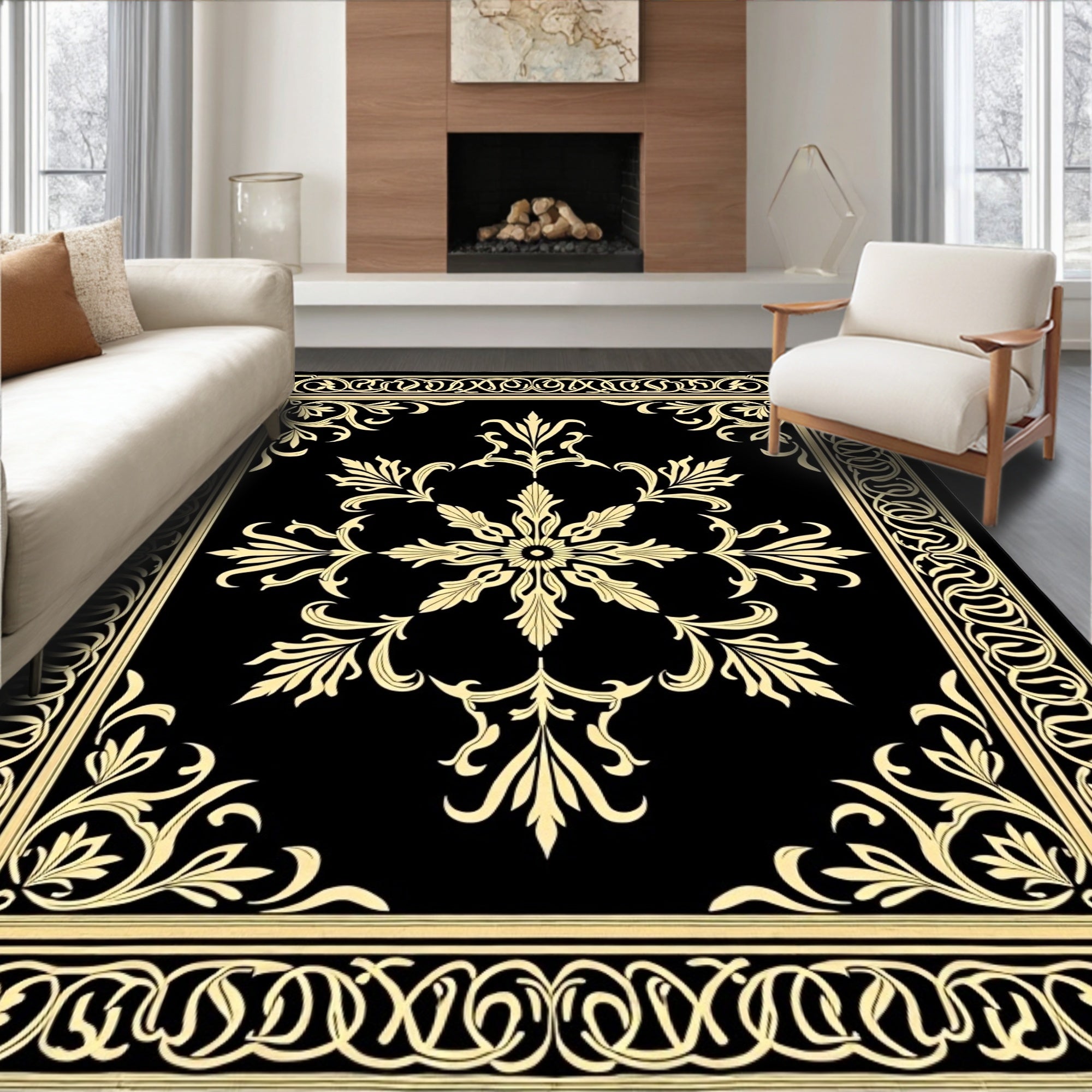 Classic Black Golden Floral Border Rug