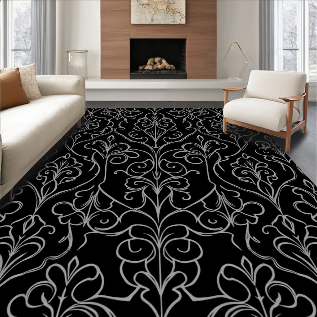 Elegant Black Floral Damask Pattern Rug
