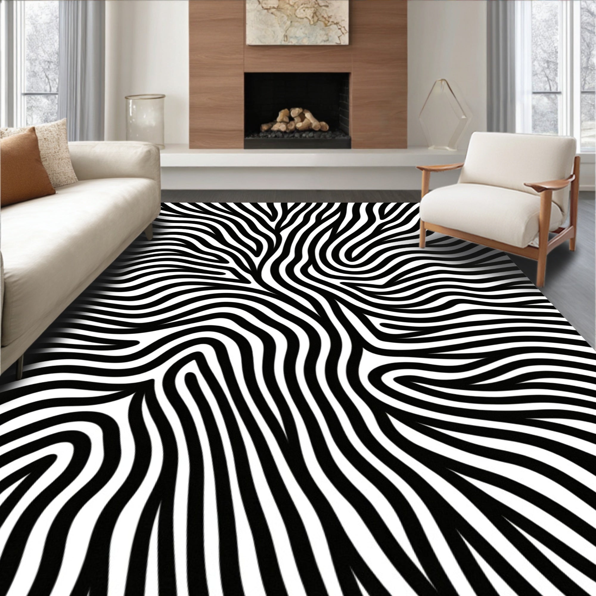 Modern Wavy Black White Pattern Rug