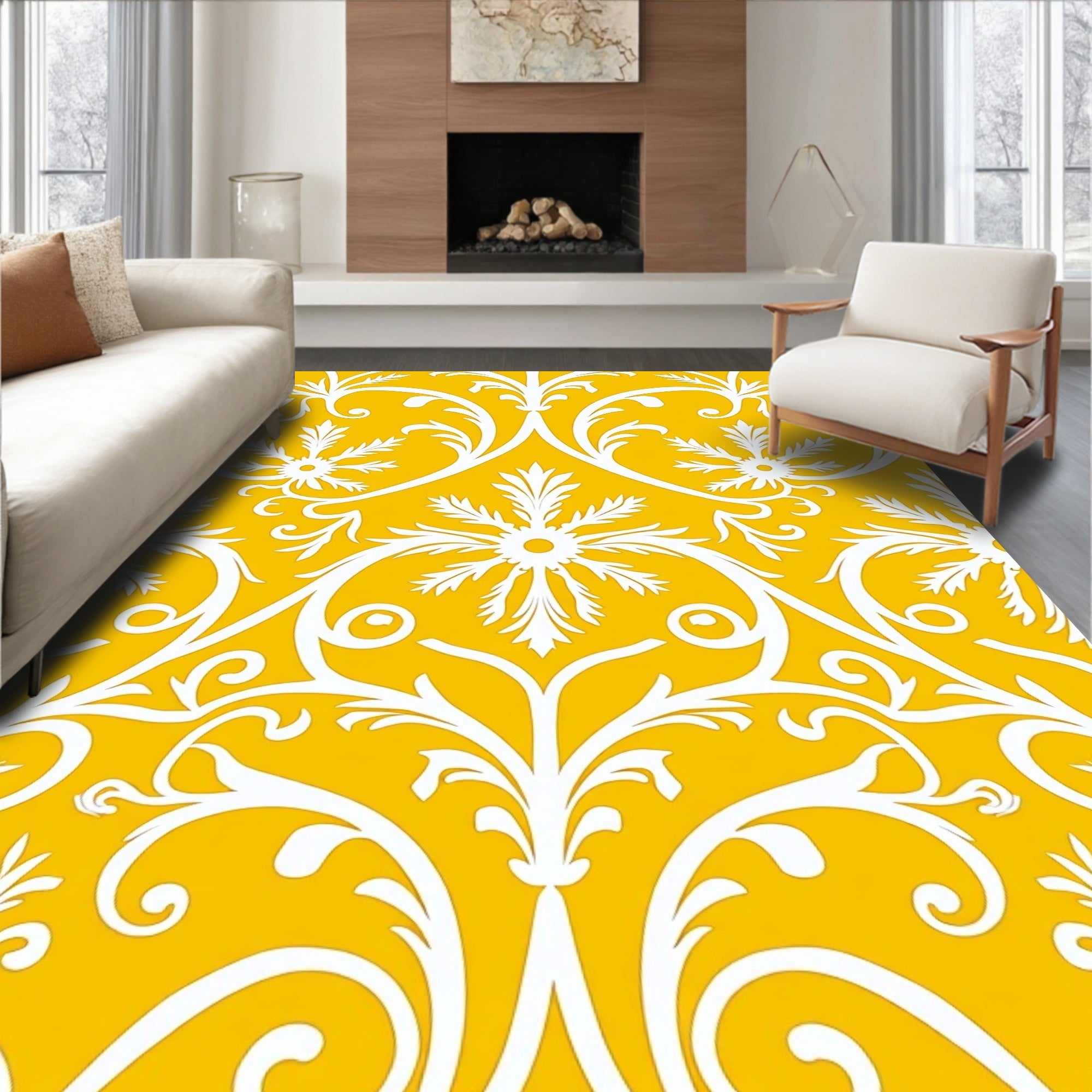 Classic White Floral Scrollwork Rug