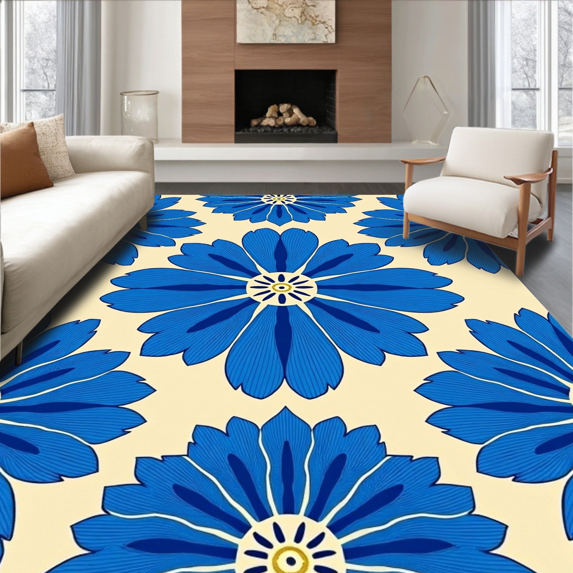 Bold Blue Floral Patterned Accent Rug