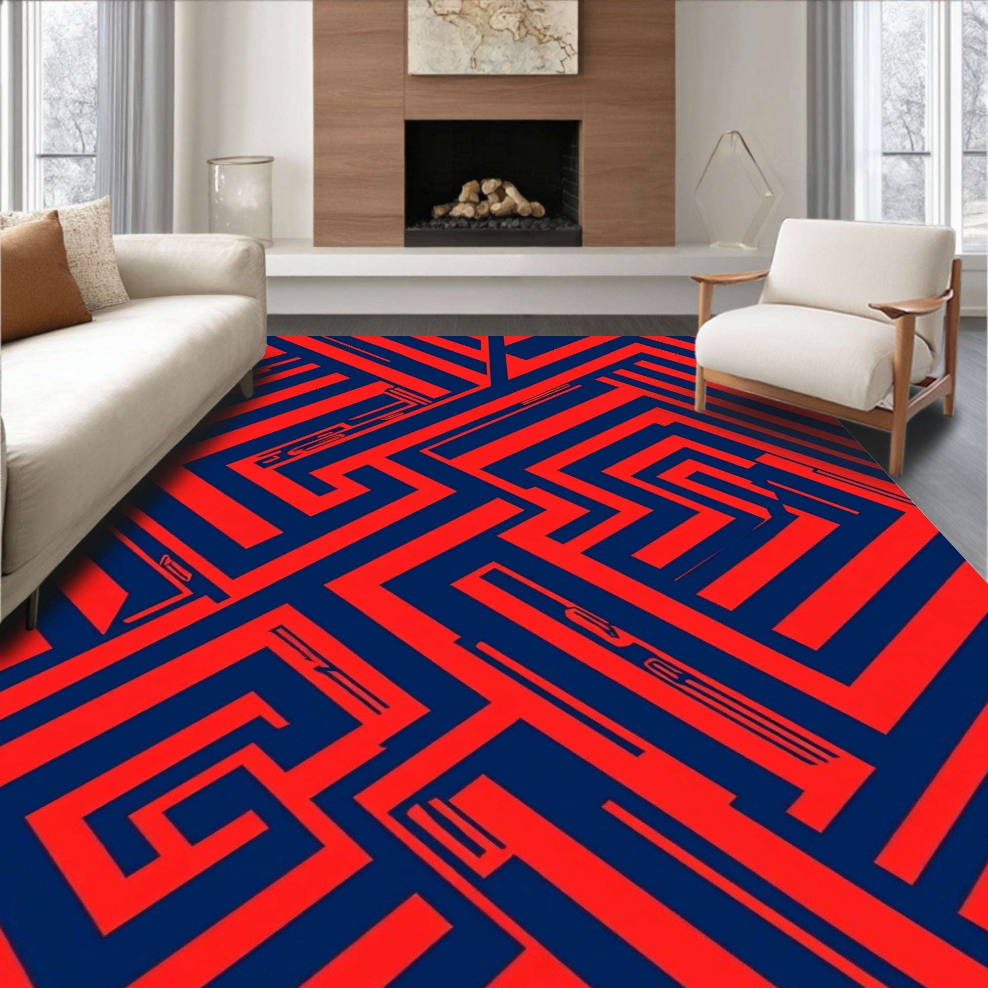 Red Blue Geometric Maze Pattern Rug
