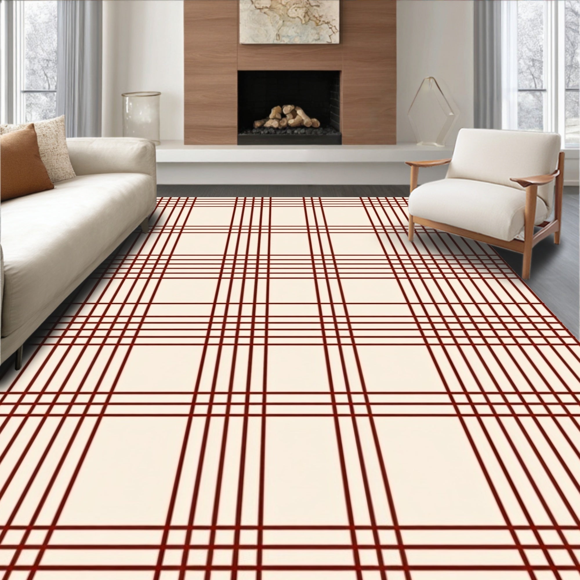 Classic Deep Red Plaid Pattern Rug