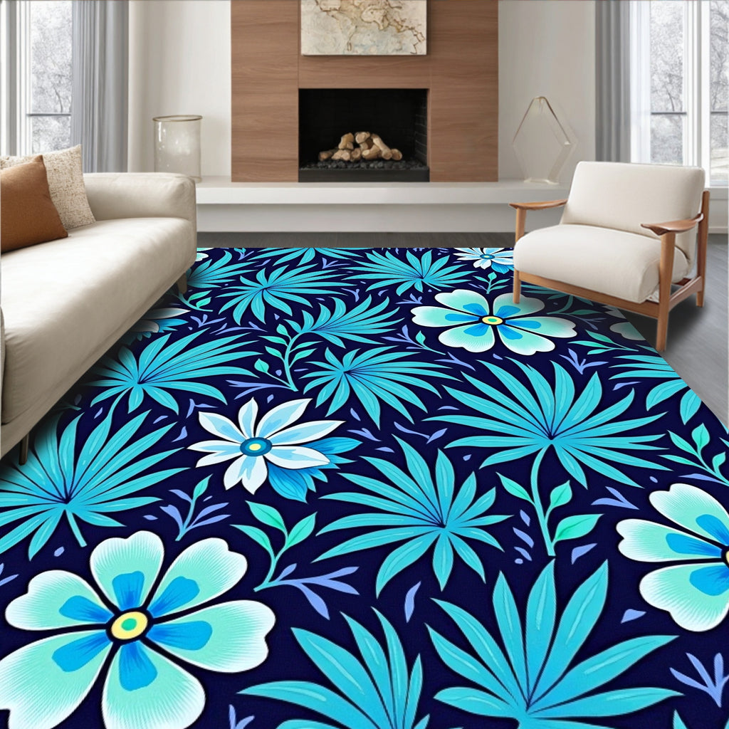 Aqua Navy Floral Leaf Pattern Rug