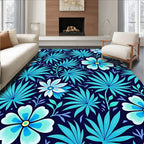 Aqua Navy Floral Leaf Pattern Rug