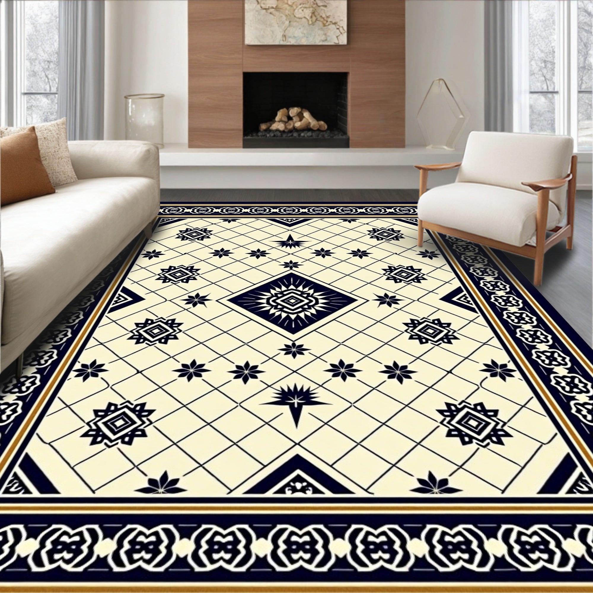 Classic Navy Diamond Star Pattern Rug
