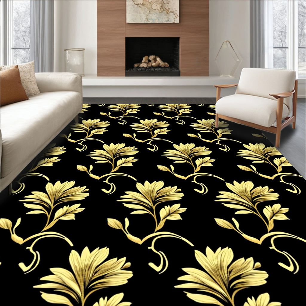 Elegant Gold Floral Scrolling Pattern Rug