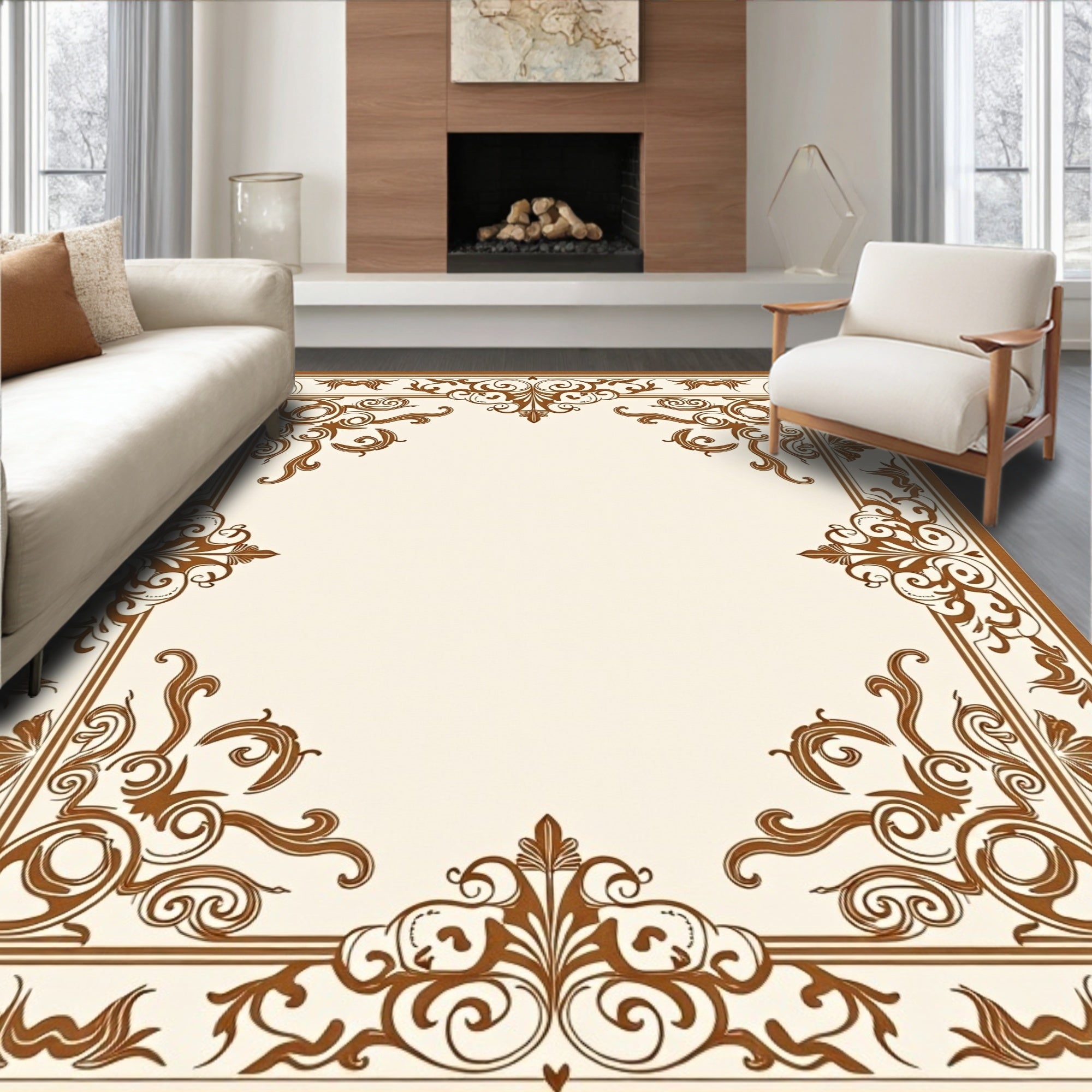Ornate Scrollwork Rich Brown Overlay Design Rug