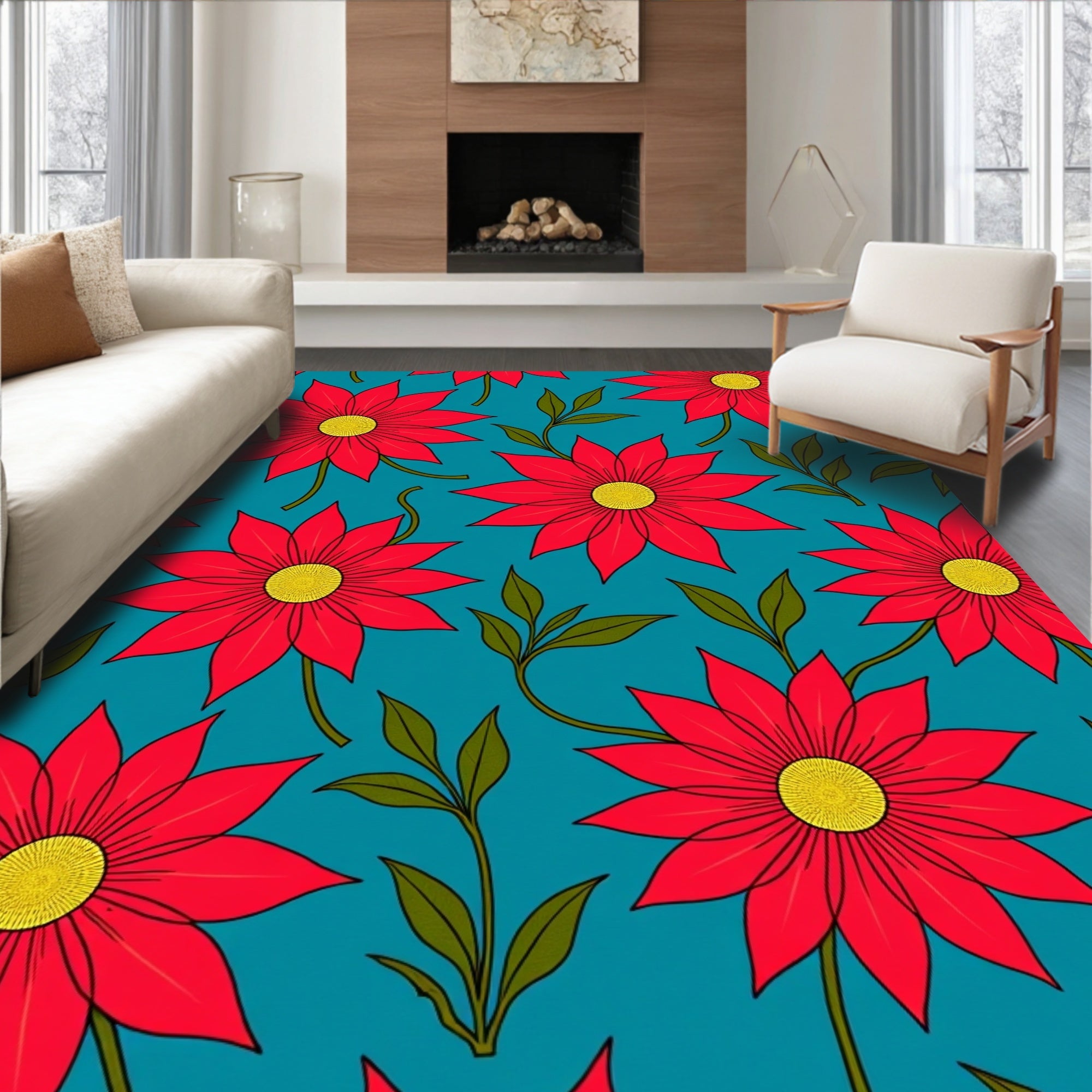 Vibrant Red Floral Teal Background Rug