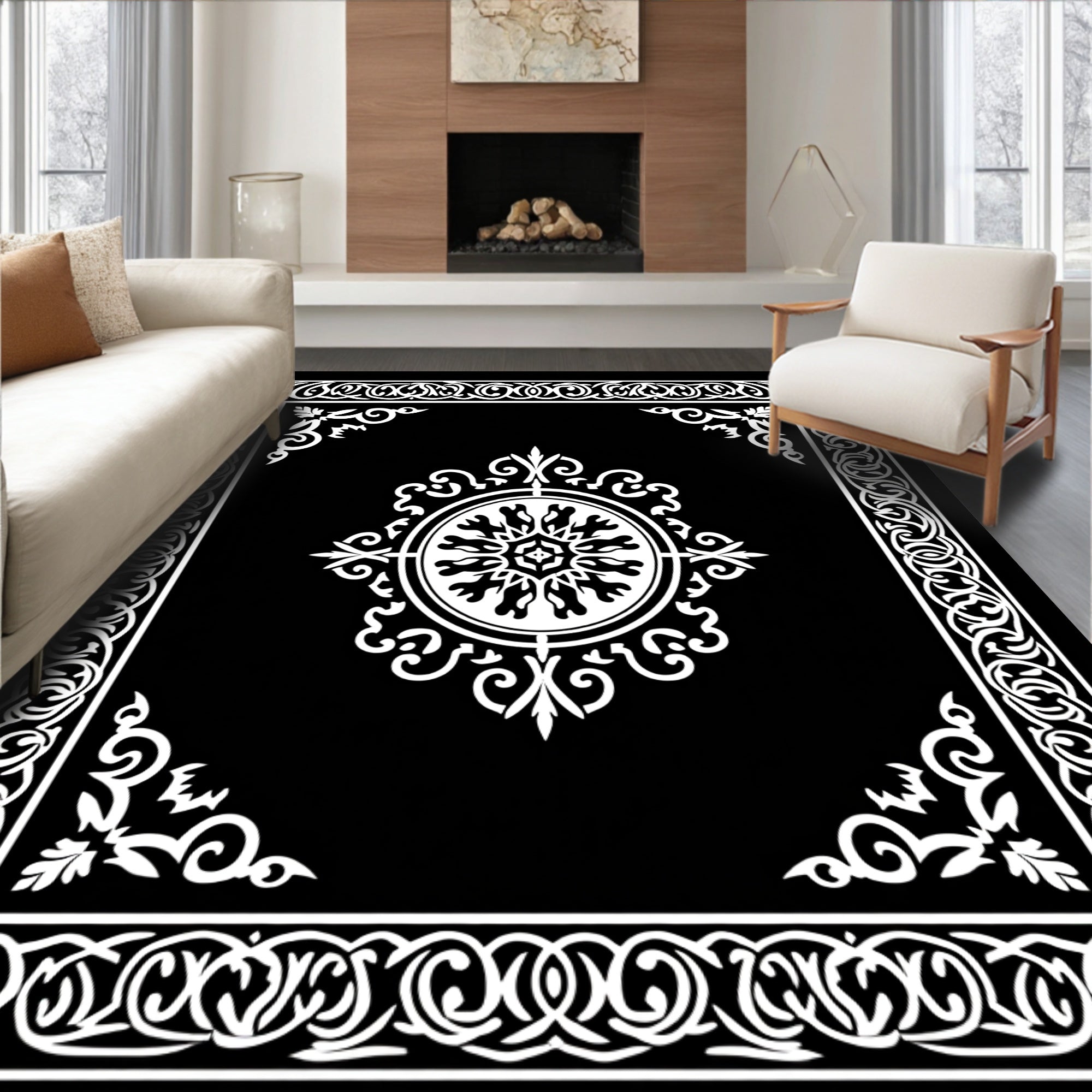 Elegant Black White Ornament Pattern Rug