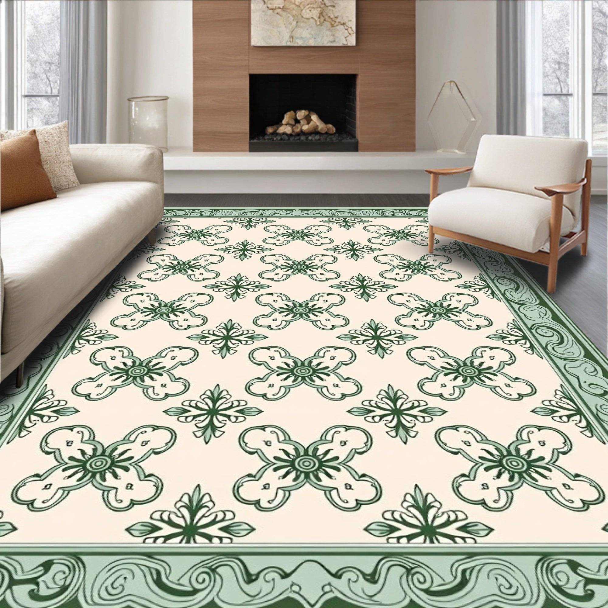 Classical Green Floral Repeating Pattern Rug