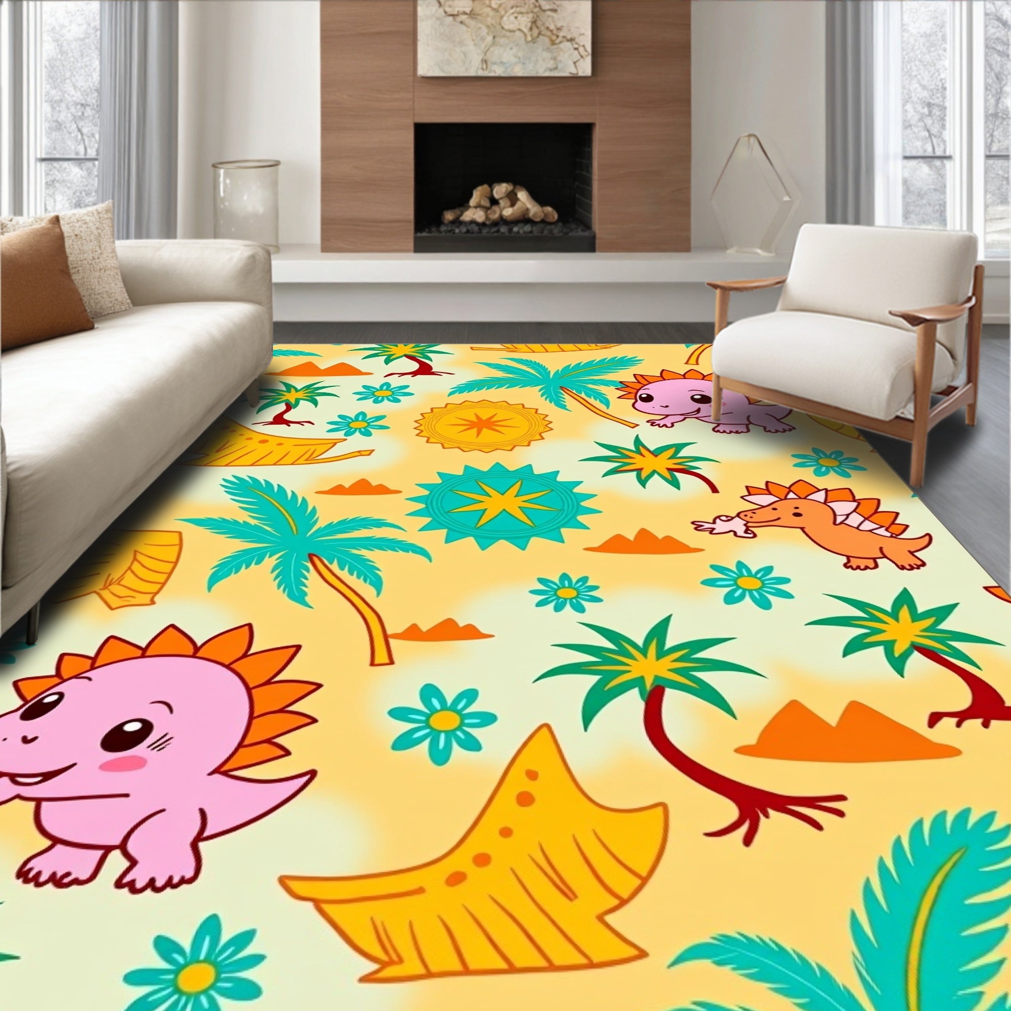 Cute Dinosaur Palm Tree Pattern Rug