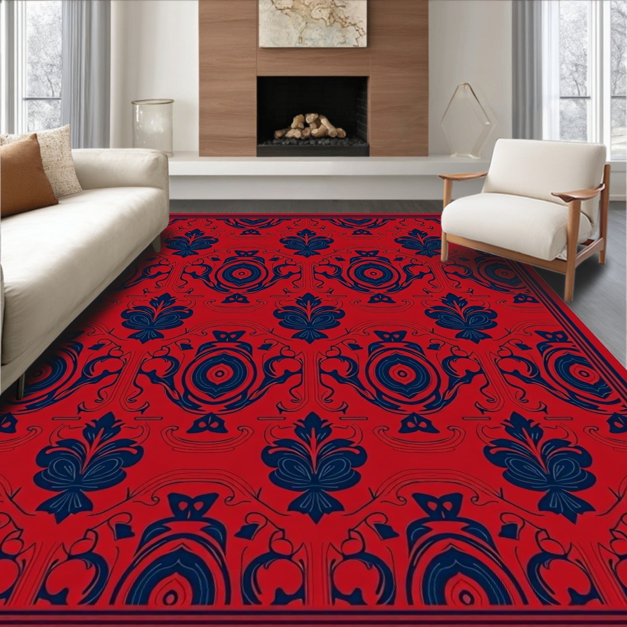 Red and Navy Floral Damask Design Rug