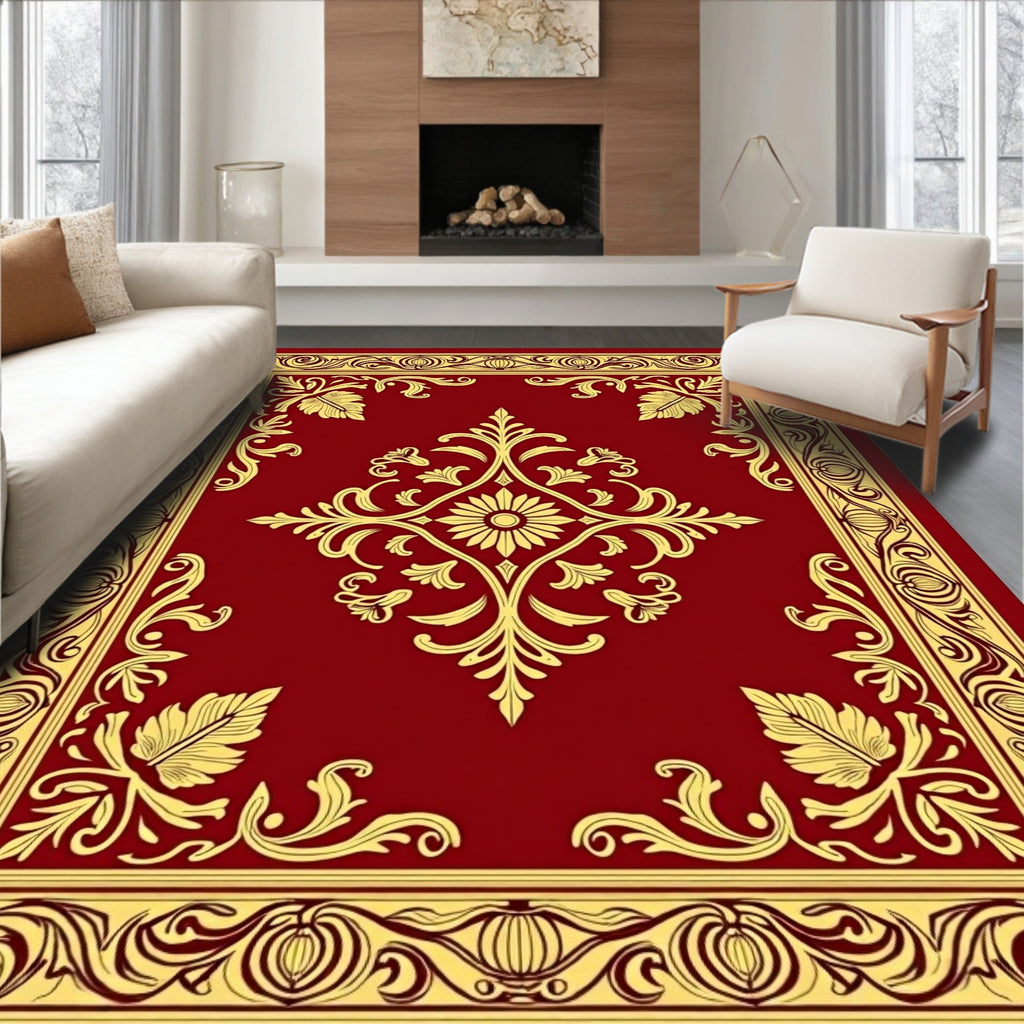 Ornate Floral Scrollwork Red Gold Rug