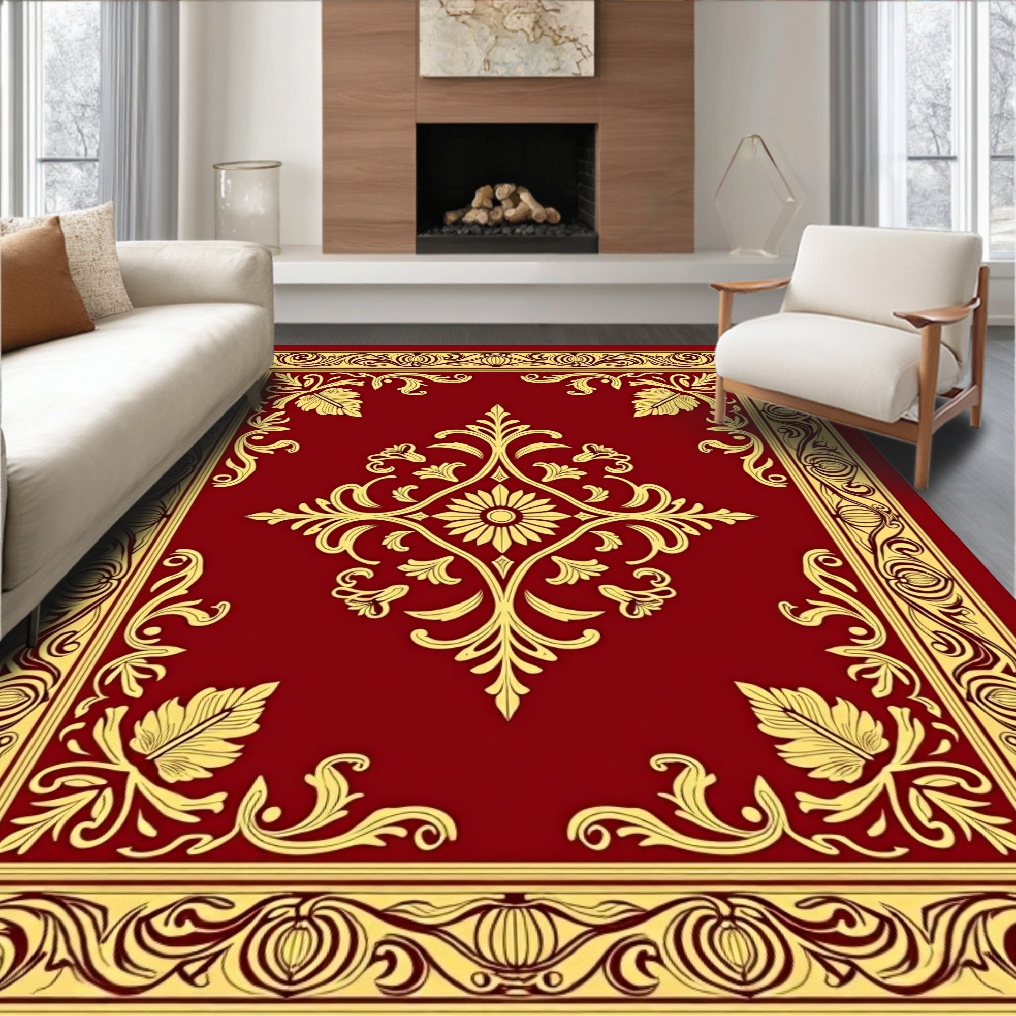 Ornate Floral Scrollwork Red Gold Rug