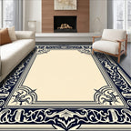 Ornate Navy Floral Border Design Rug