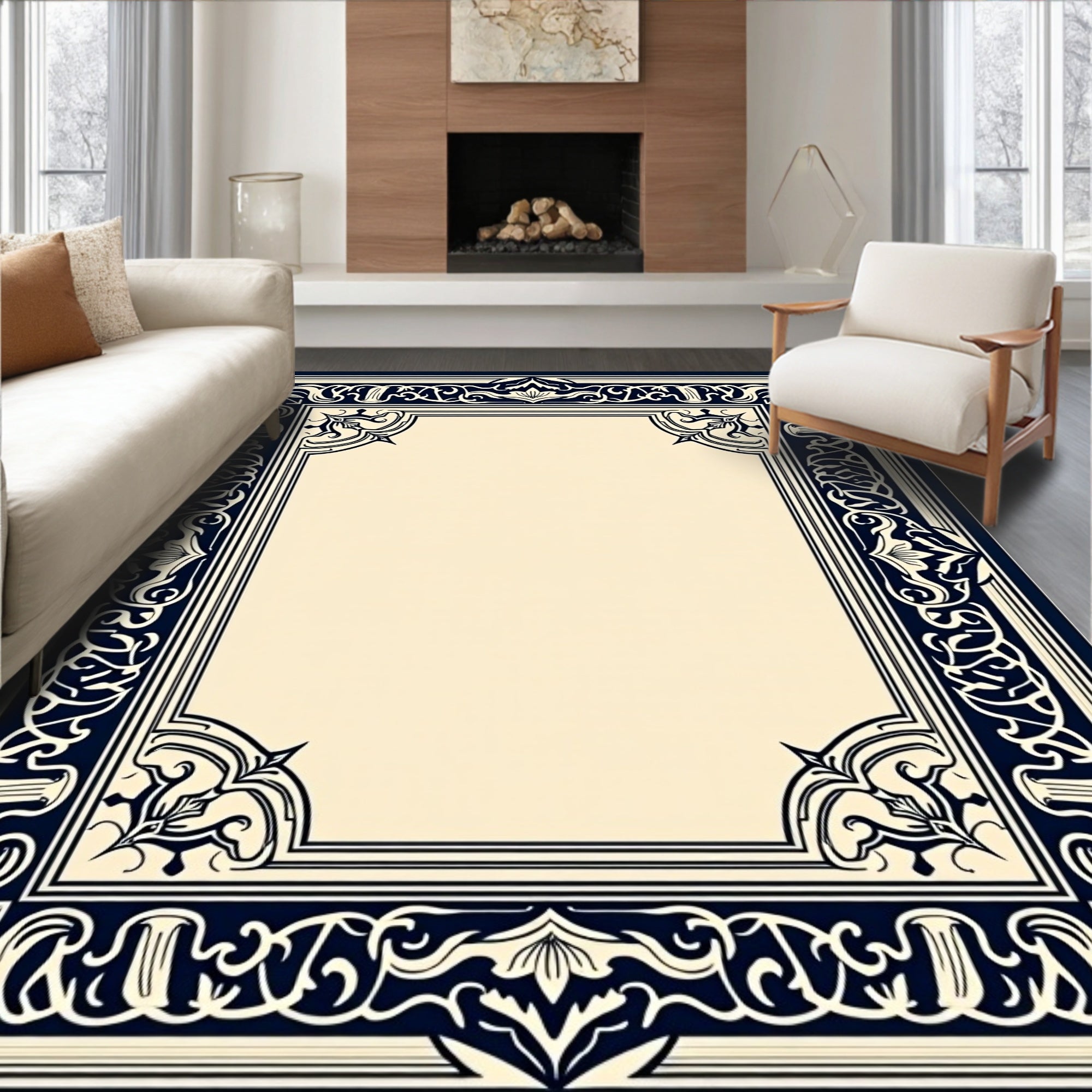 Ornate Navy Floral Border Design Rug