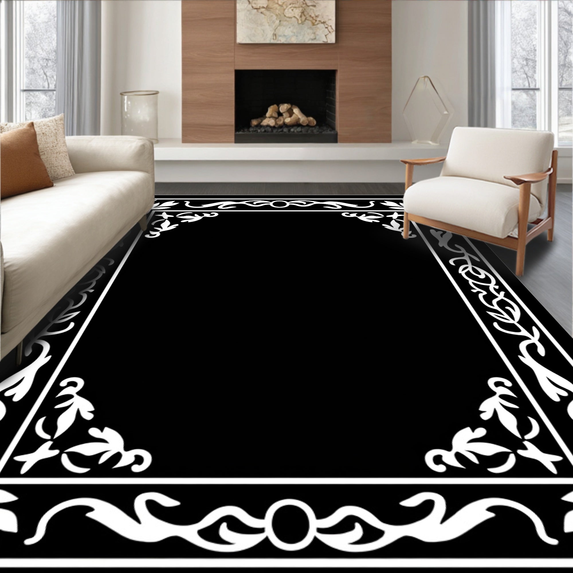 White Floral Border Design Rug