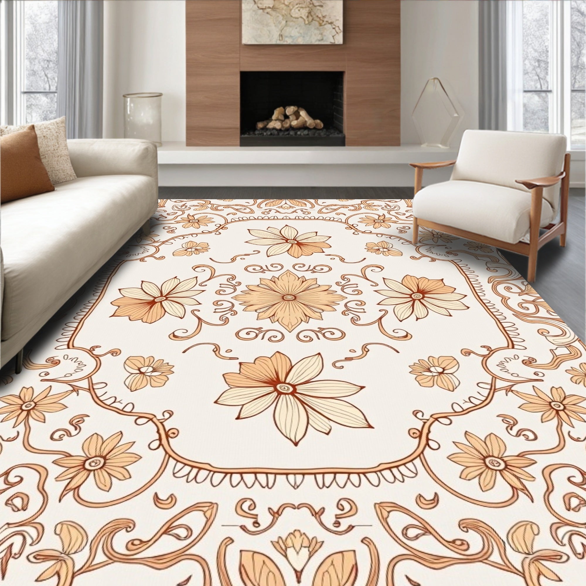 Vintage Floral Patterned Beige Rug