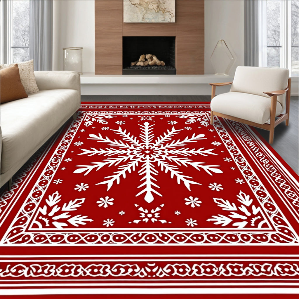Crimson White Snowflake Classic Border Rug