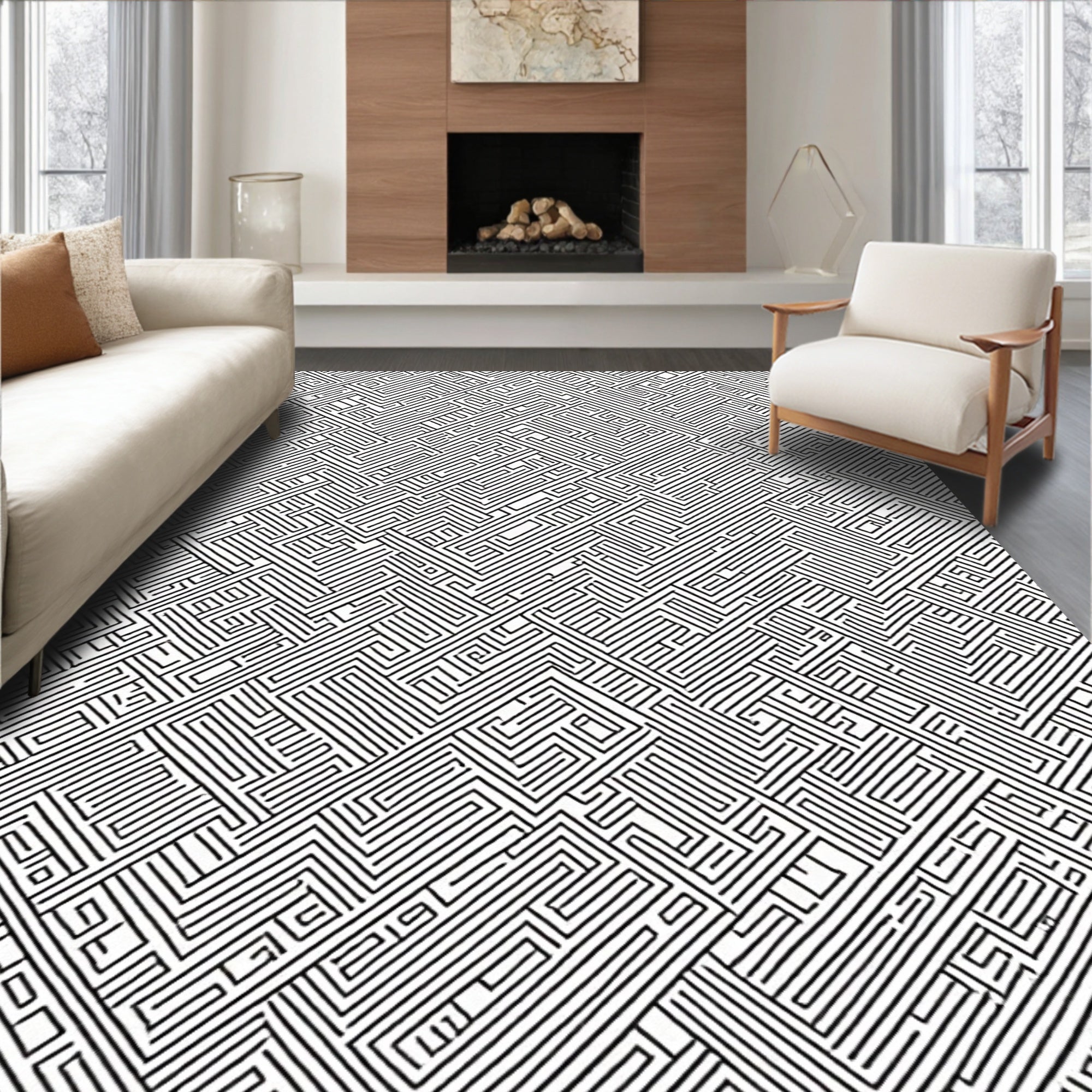 Black And White Labyrinth Pattern Rug