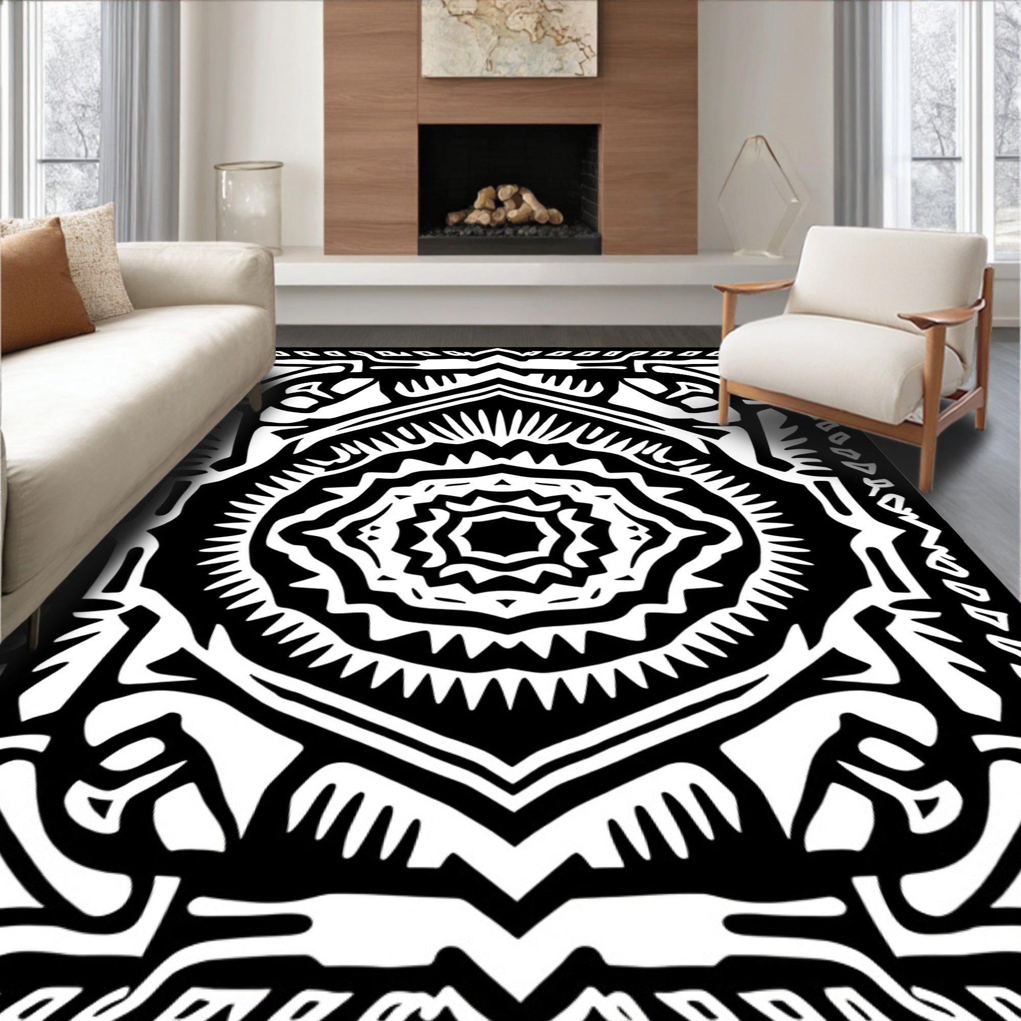 Intricate Black White Mandala Design Rug