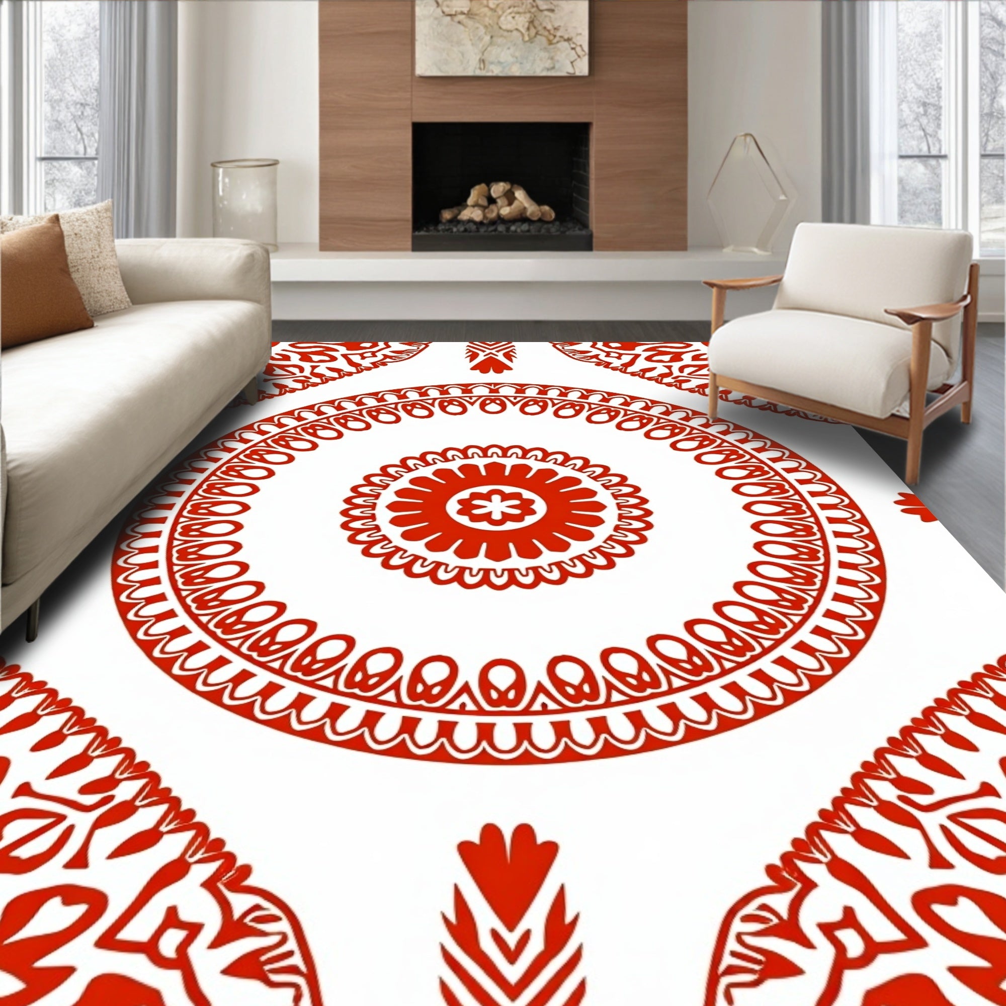 Red Circular Folk Pattern Rug
