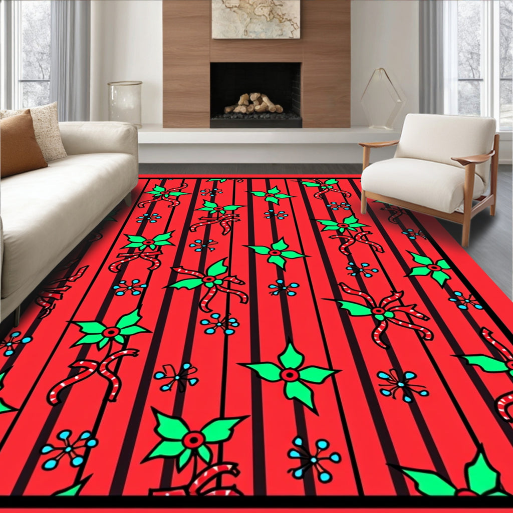 Red Holly Bow Snowflake Striped Rug