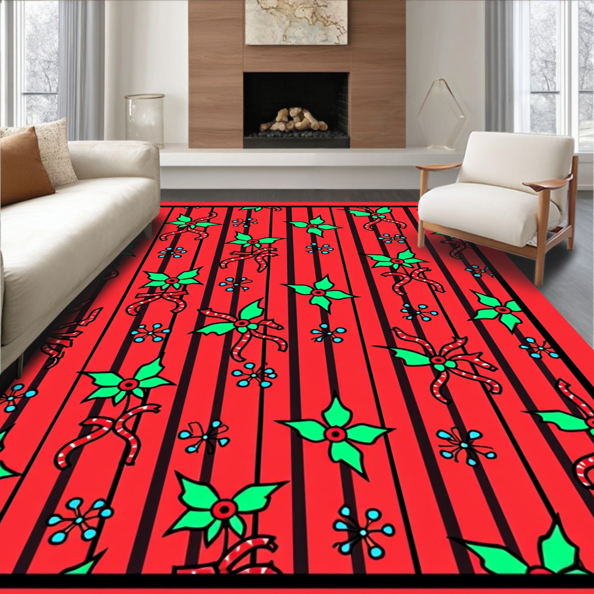 Red Holly Bow Snowflake Striped Rug