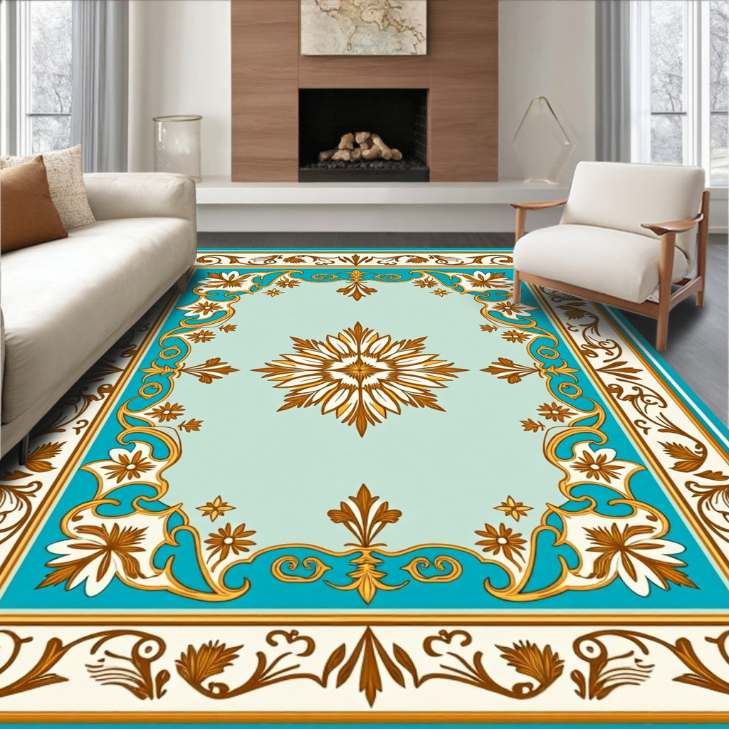 Ornate Floral Golden Teal Border Rug