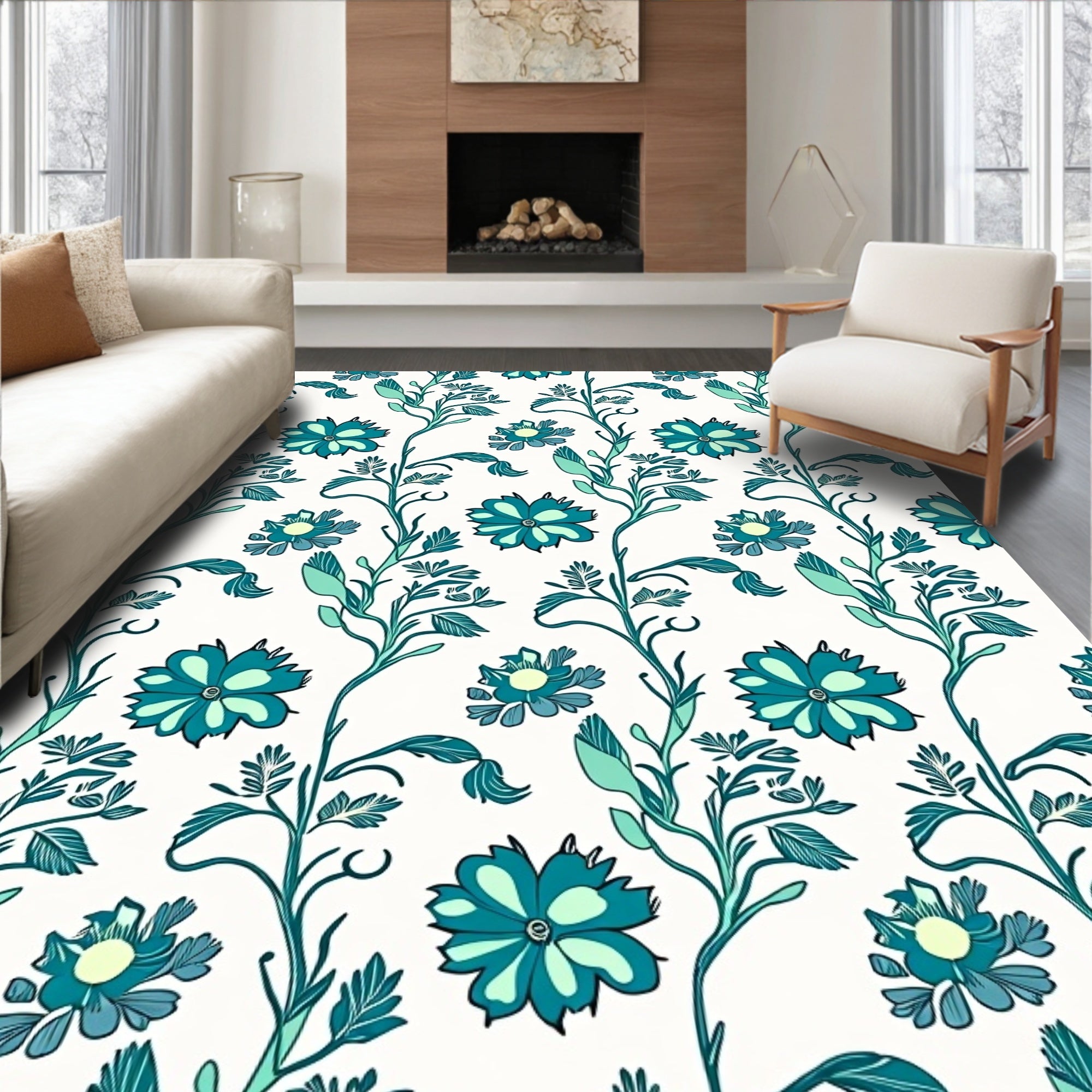 Teal Floral Vine Pattern Rug
