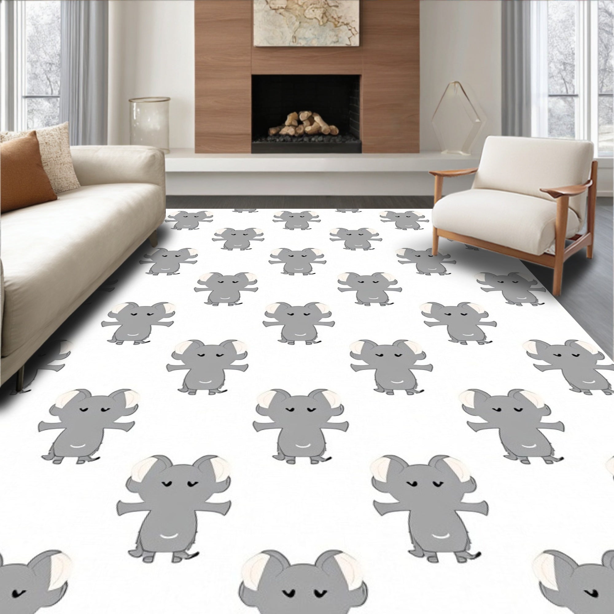 Playful Grey Elephant Pattern Design Rug