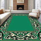 Elegant Green Ivory Black Ornate Border Rug