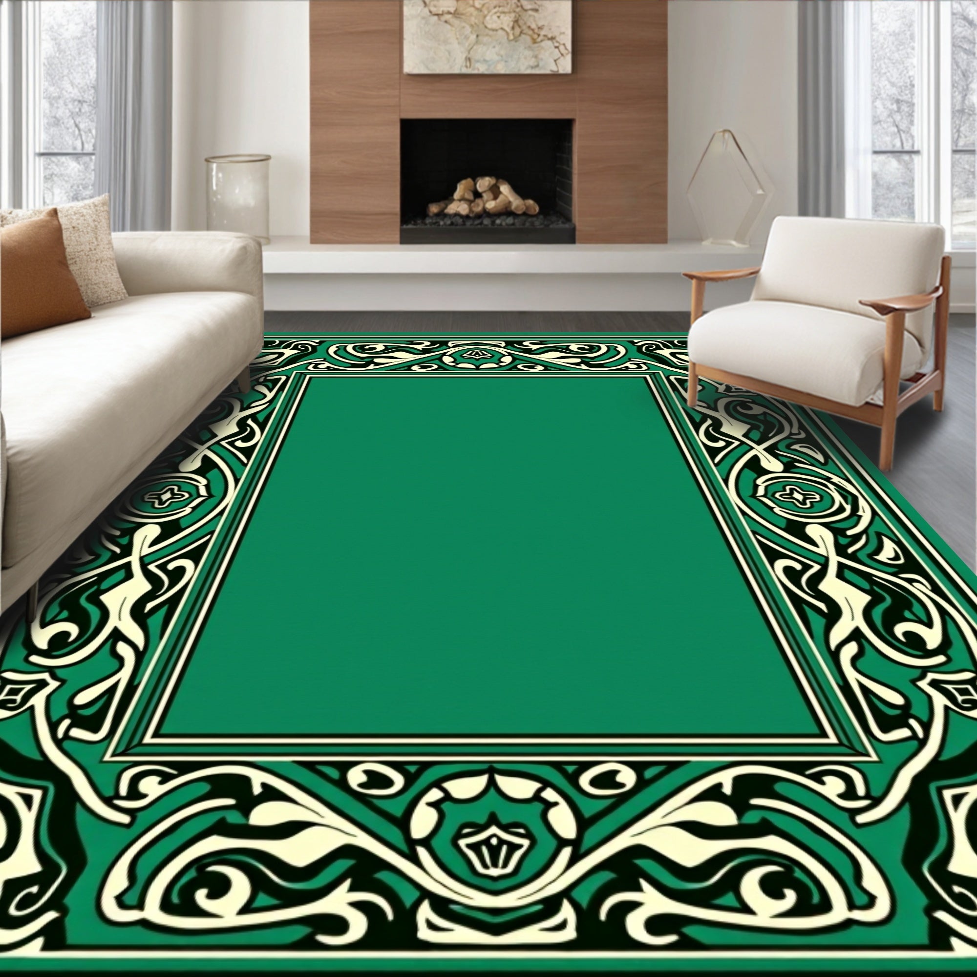 Elegant Green Ivory Black Ornate Border Rug