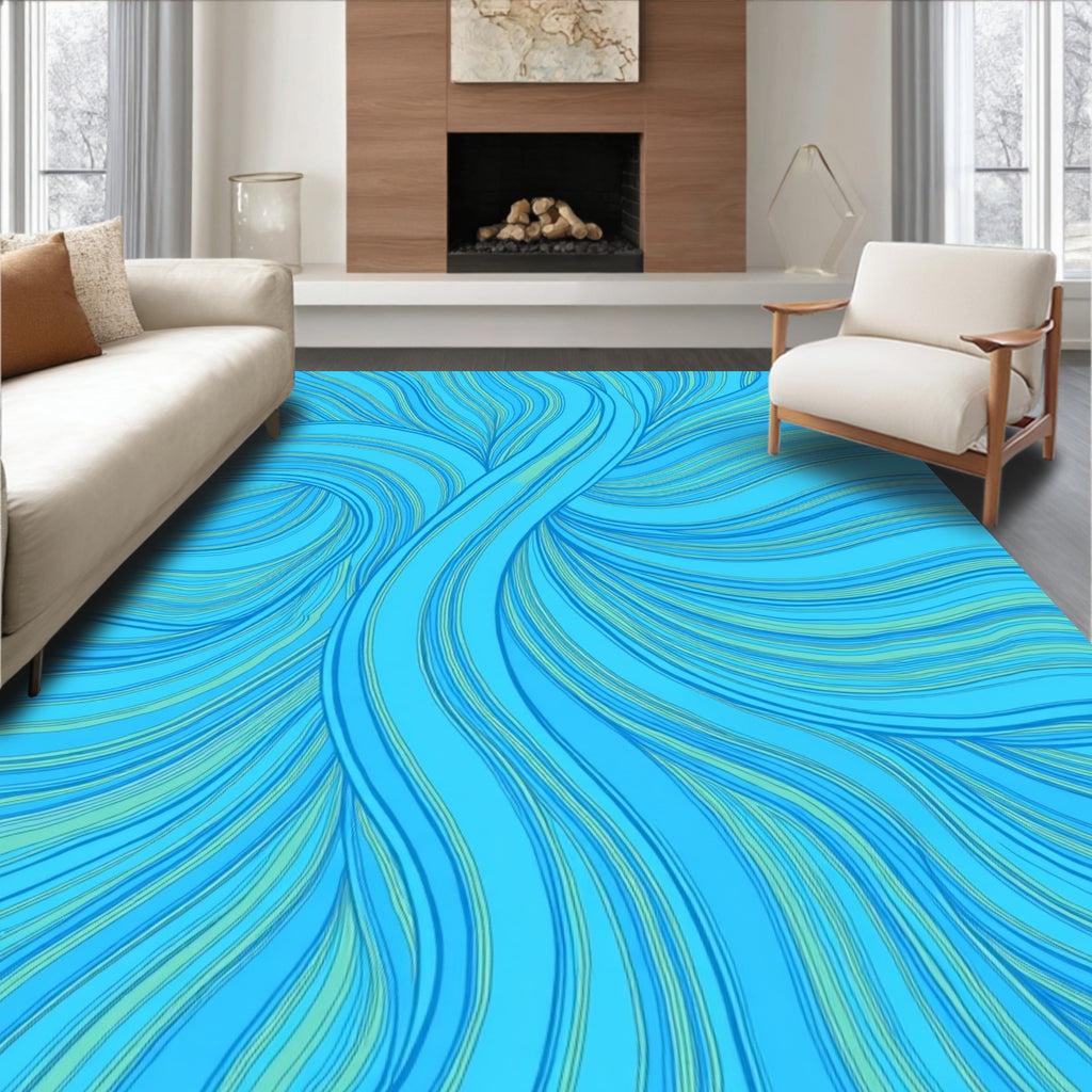 Abstract Blue Swirling Lines Design Rug